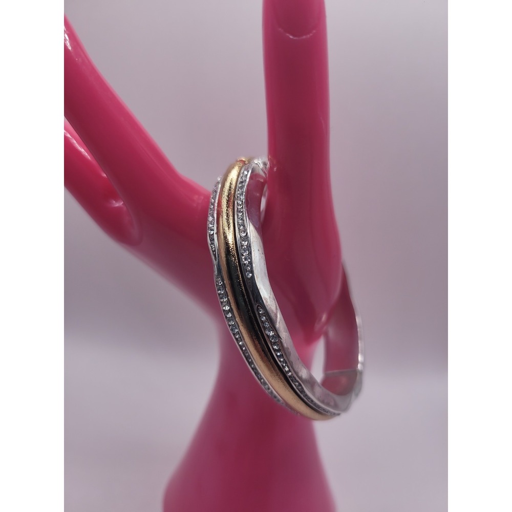 Brighton Two Tone Gold Silver Crystal Hinged Bangle Bracelet Signed
